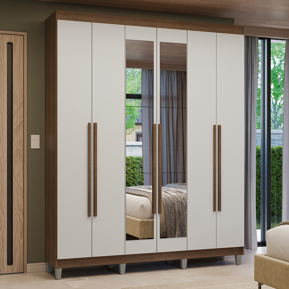 Guarda-Roupa Casal com Pés 6 Portas Batentes com Espelho Rustic/Branco/Rustic Venus Madesa