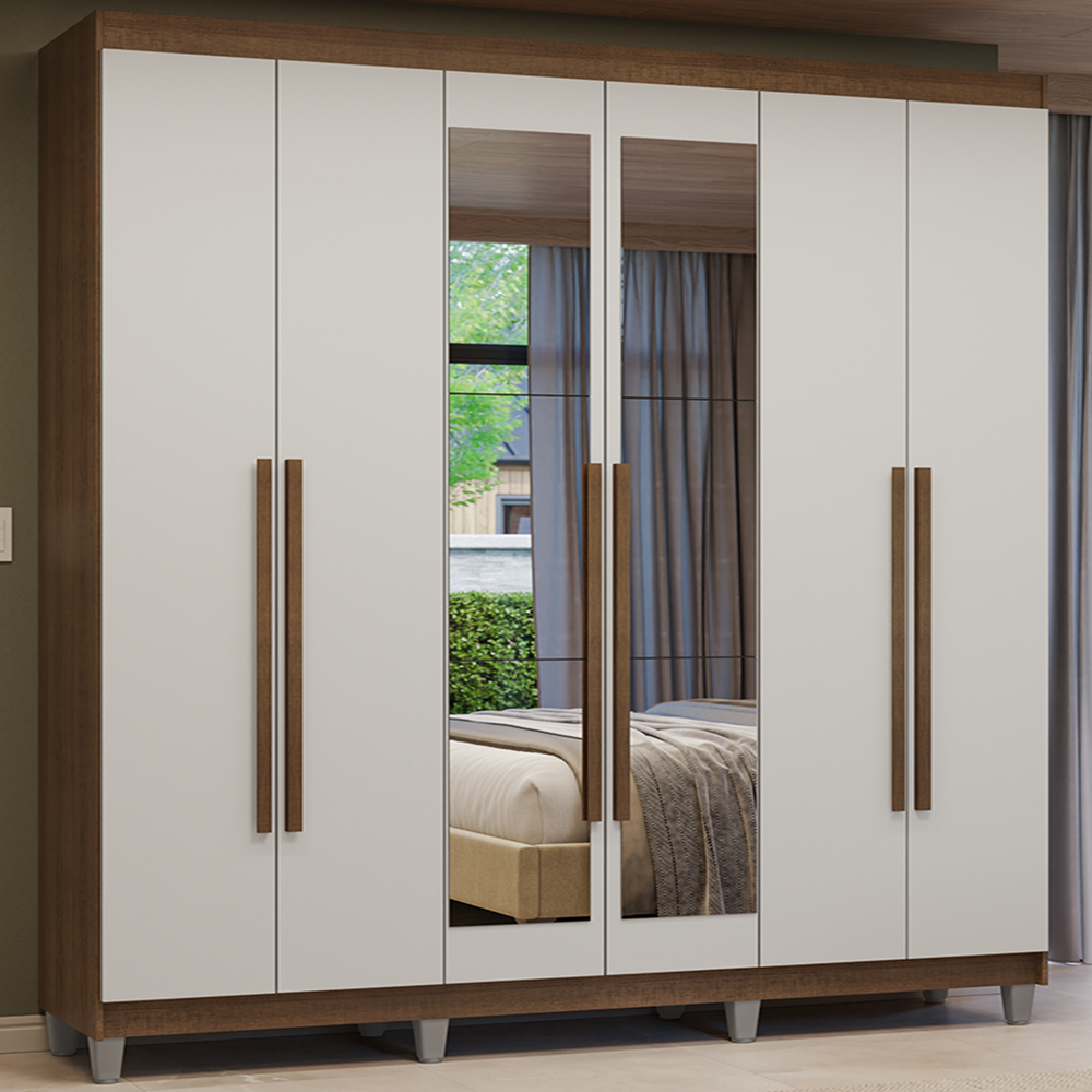 Guarda-Roupa Casal com Pés 6 Portas Batentes com Espelho Rustic/Branco/Rustic Venus Madesa