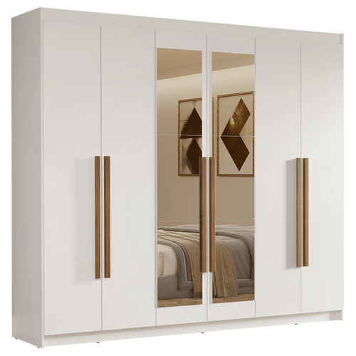 Guarda-Roupa Casal 6 Portas Batentes com Espelho Branco/Branco