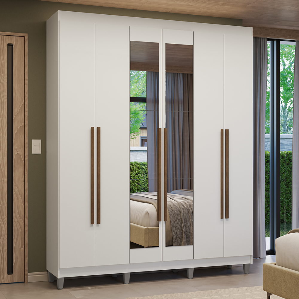 Guarda-Roupa Casal com Pés 6 Portas Batentes com Espelho Branco/Branco/Rustic Venus Madesa
