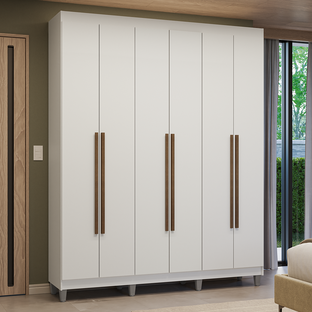 Guarda-Roupa Casal com Pés 6 Portas Batentes Branco/Branco/Rustic Venus Madesa