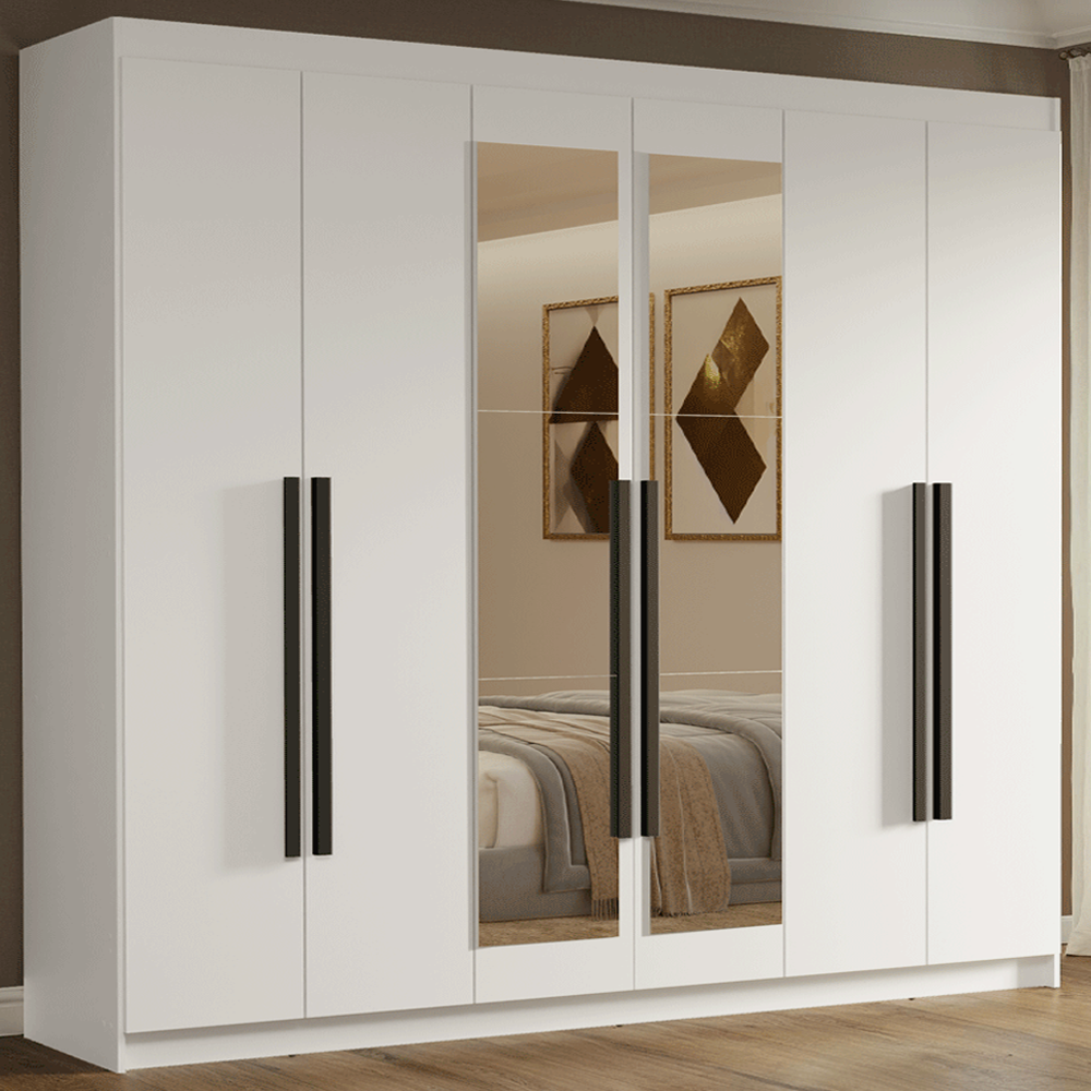 Guarda-Roupa Casal 6 Portas Batentes com Espelho Branco/Branco/Preto Venus Madesa
