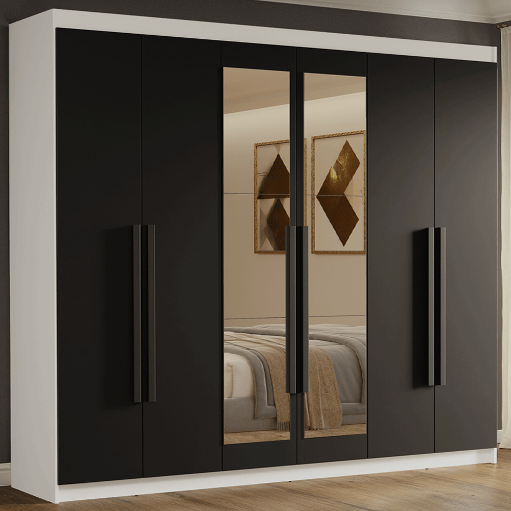 Guarda-Roupa Casal 6 Portas Batentes com Espelho Branco/Preto/Preto Venus Madesa