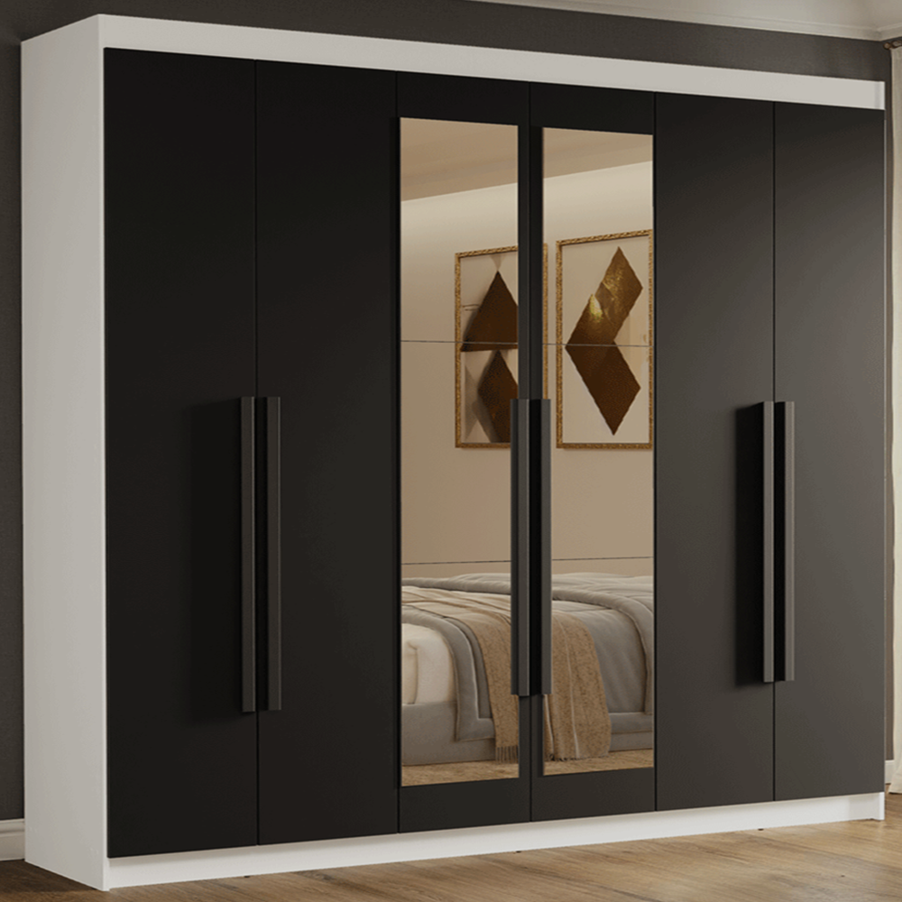 Guarda-Roupa Casal 6 Portas Batentes com Espelho Branco/Preto/Preto Venus Madesa