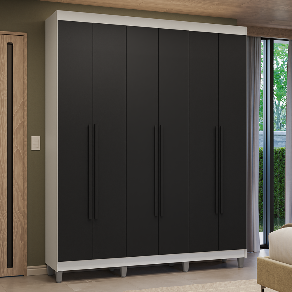 Guarda-Roupa Casal com Pés 6 Portas Batentes Branco/Preto/Preto Venus Madesa