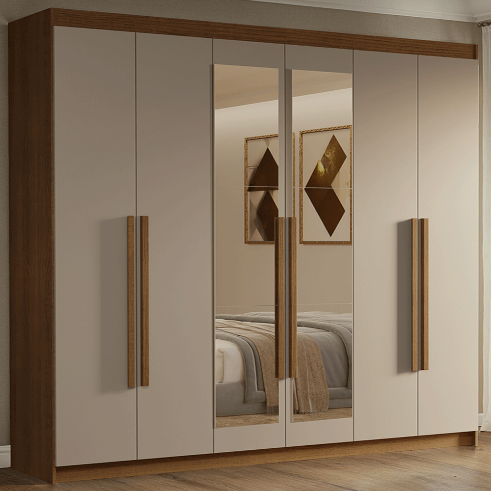 Guarda-Roupa Casal 6 Portas Batentes com Espelho Rustic/Crema/Rustic Venus Madesa