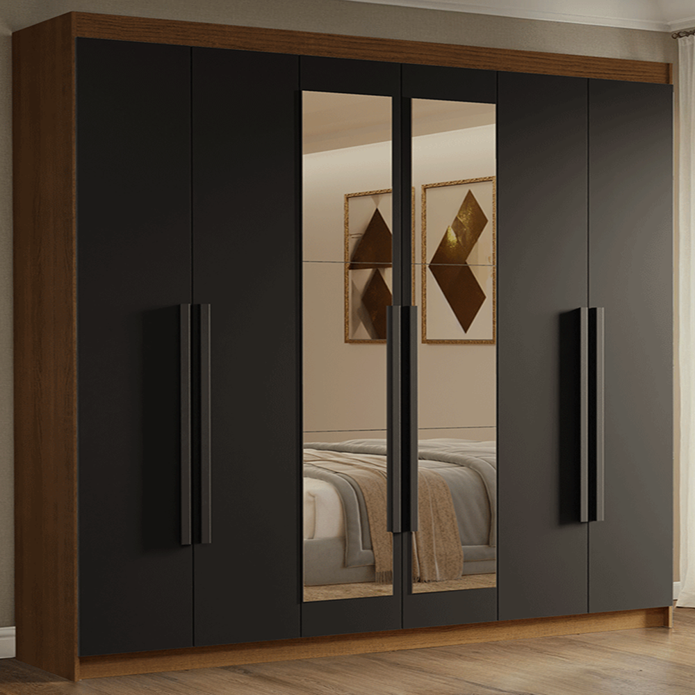 Guarda-Roupa Casal 6 Portas Batentes com Espelho Rustic/Preto/Preto Venus Madesa