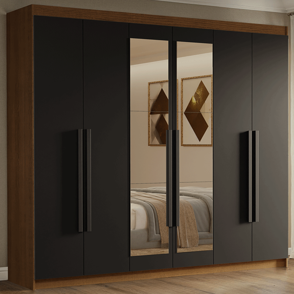 Guarda-Roupa Casal 6 Portas Batentes com Espelho Rustic/Preto/Preto Venus Madesa