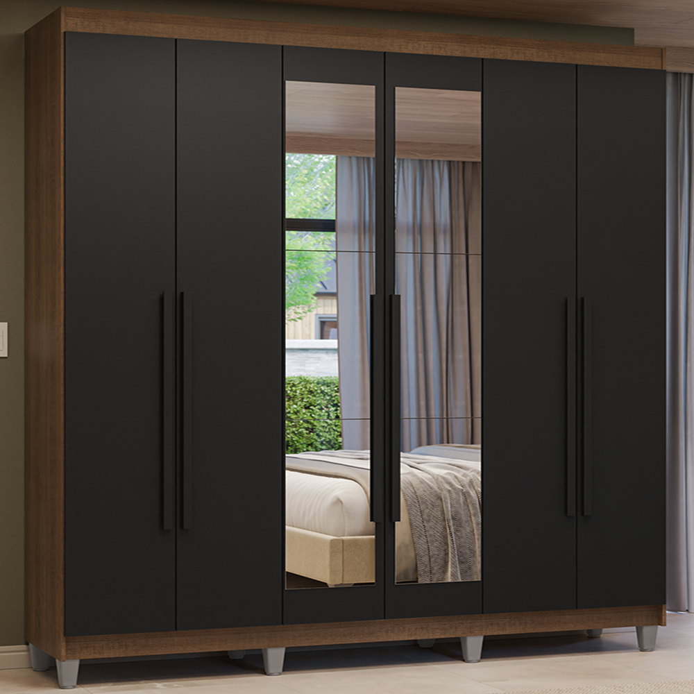Guarda-Roupa Casal com Pés 6 Portas Batentes com Espelho Rustic/Preto/Preto Venus Madesa