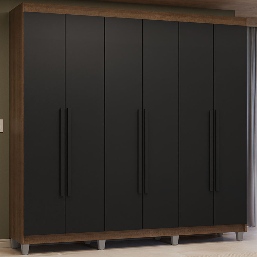 Guarda-Roupa Casal com Pés 6 Portas Batentes Rustic/Preto/Preto Venus Madesa