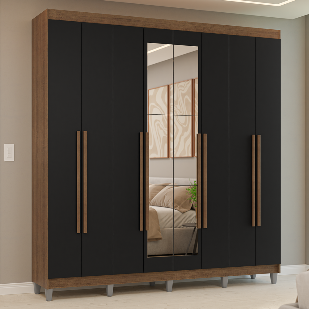 Guarda-Roupa Casal com Pés 8 Portas Batentes com Espelho Rustic/Preto/Rustic Venus Madesa