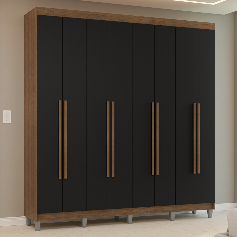Guarda-Roupa Casal com Pés 8 Portas Batentes Rustic/Preto/Rustic Venus Madesa
