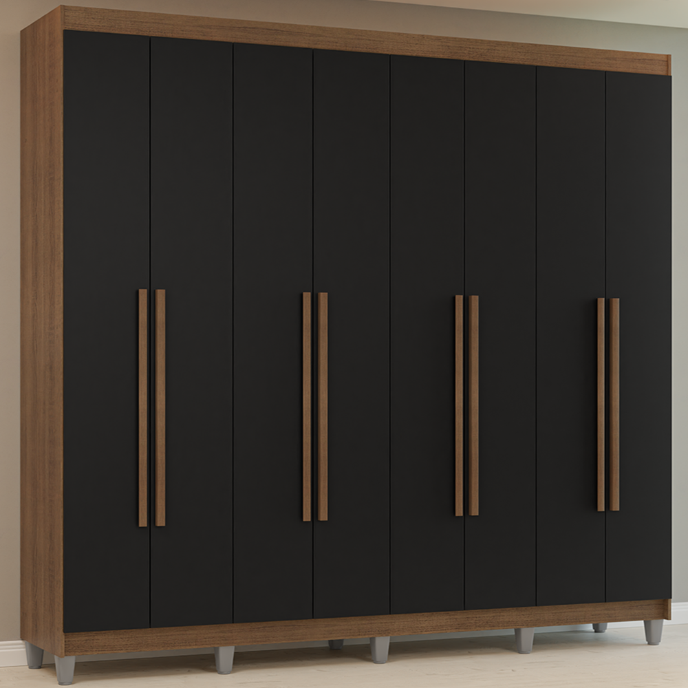 Guarda-Roupa Casal com Pés 8 Portas Batentes Rustic/Preto/Rustic Venus Madesa