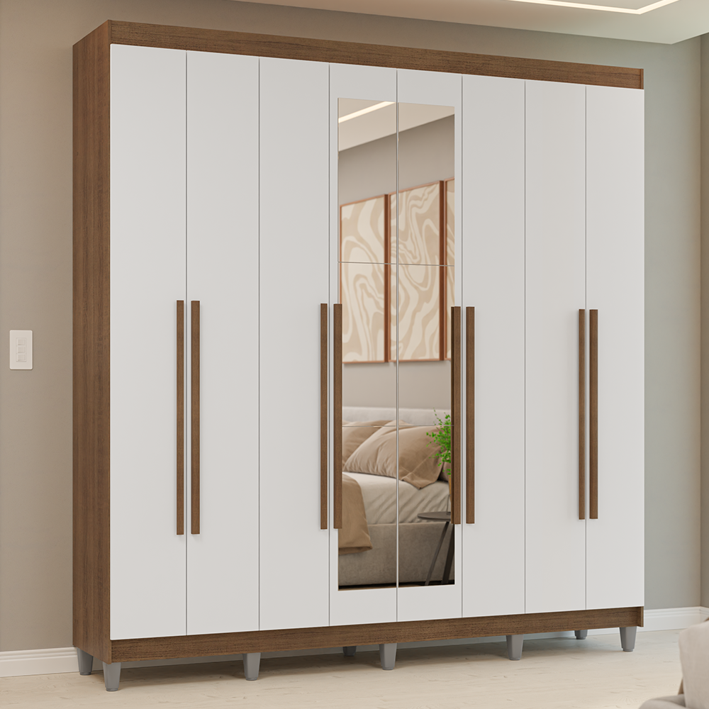 Guarda-Roupa Casal com Pés 8 Portas Batentes com Espelho Rustic/Branco/Rustic Venus Madesa