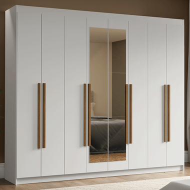 Guarda-Roupa Casal 8 Portas Batentes com Espelho Branco/Branco/Rustic Venus Madesa