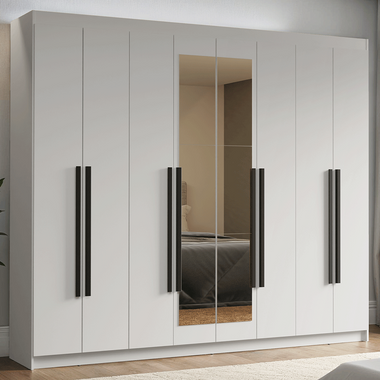Guarda-Roupa Casal 8 Portas Batentes com Espelho Branco/Branco/Preto Venus Madesa