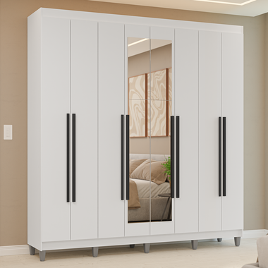 Guarda-Roupa Casal com Pés 8 Portas Batentes com Espelho Branco/Branco/Preto Venus Madesa