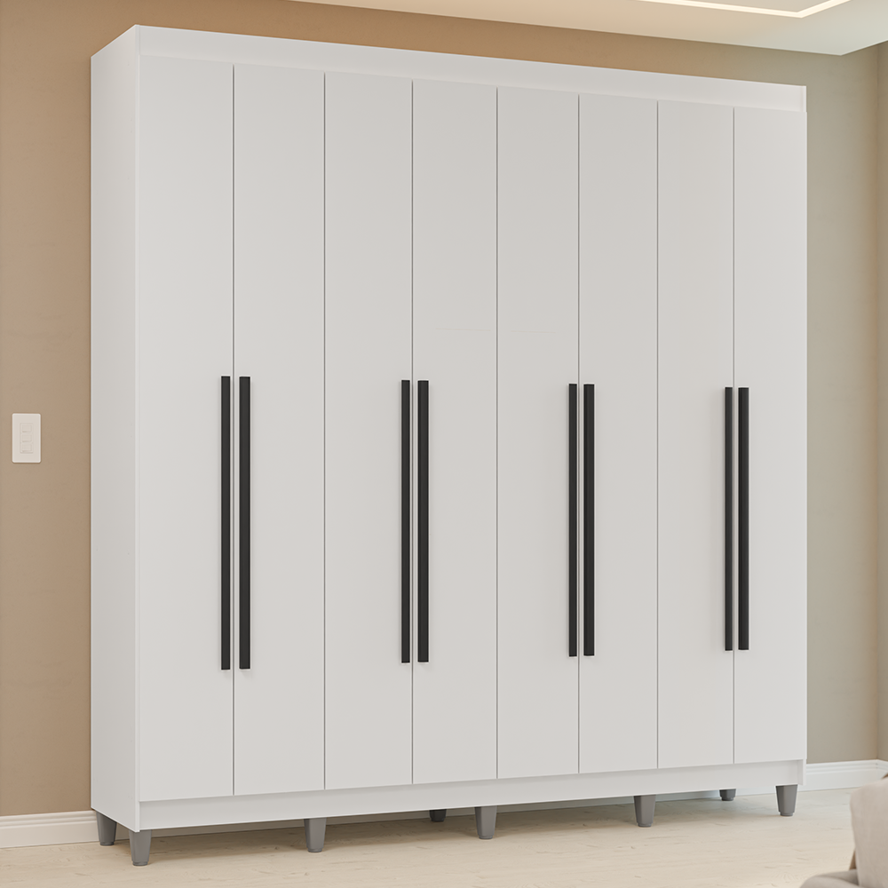Guarda-Roupa Casal com Pés 8 Portas Batentes Branco/Branco/Preto Venus Madesa