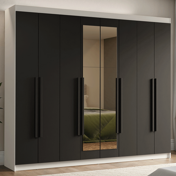 Guarda-Roupa Casal 8 Portas Batentes com Espelho Branco/Preto/Preto Venus Madesa