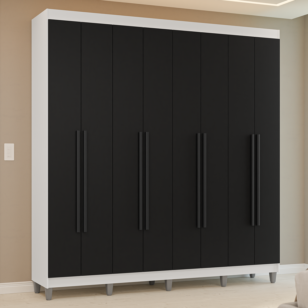 Guarda-Roupa Casal com Pés 8 Portas Batentes Branco/Preto/Preto Venus Madesa