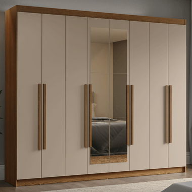 Guarda-Roupa Casal 8 Portas Batentes com Espelho Rustic/Crema/Rustic Venus Madesa
