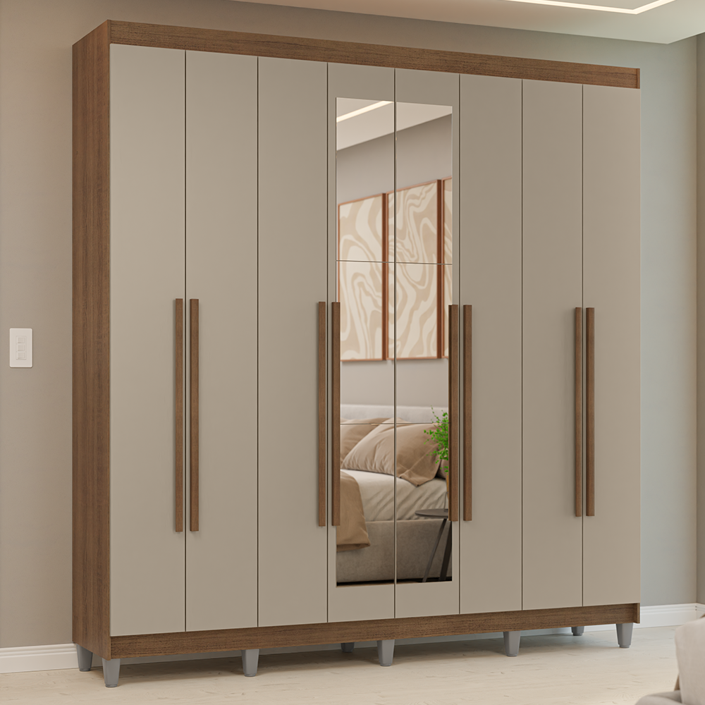 Guarda-Roupa Casal com Pés 8 Portas Batentes com Espelho Rustic/Crema/Rustic Venus Madesa