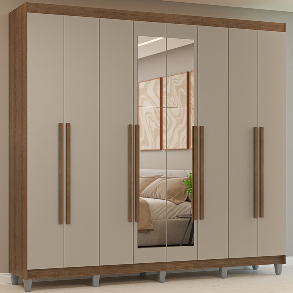 Guarda-Roupa Casal com Pés 8 Portas Batentes com Espelho Rustic/Crema/Rustic Venus Madesa