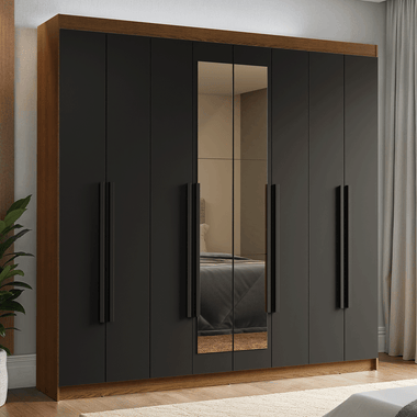 Guarda-Roupa Casal 8 Portas Batentes com Espelho Rustic/Preto/Preto Venus Madesa
