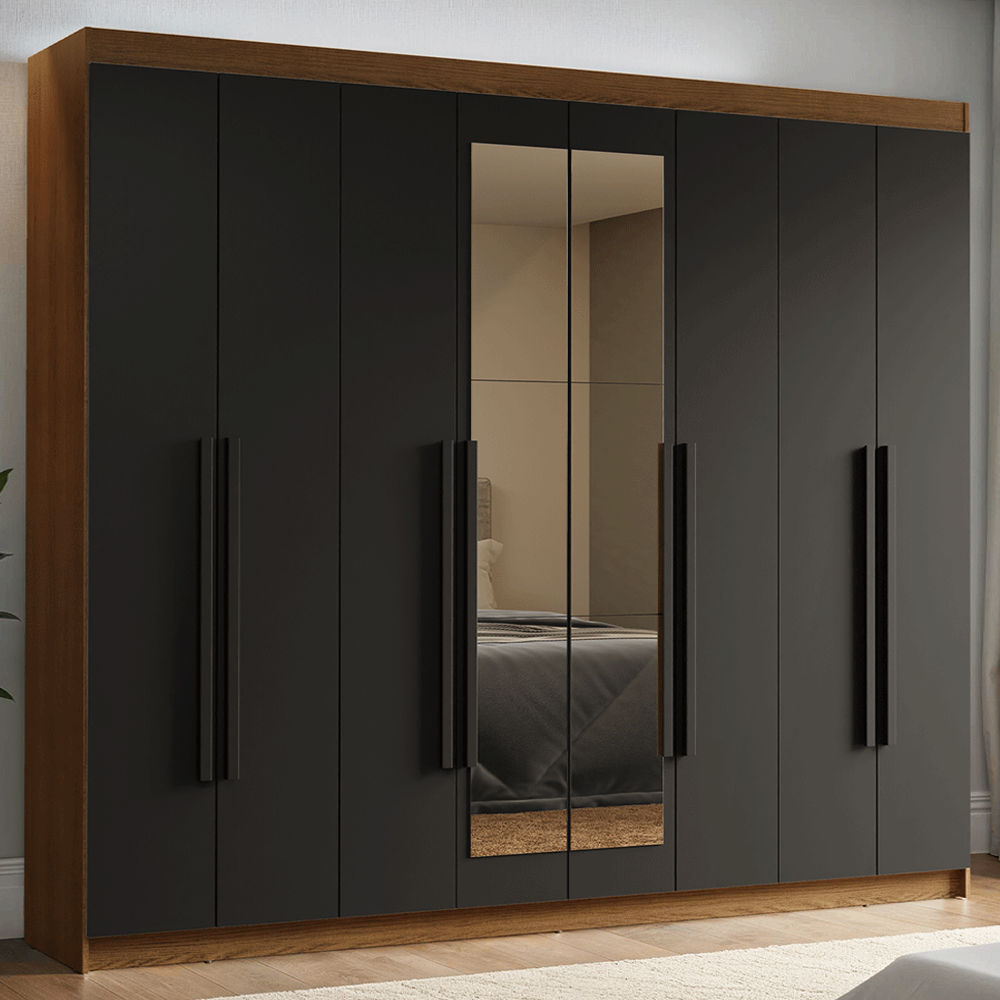 Guarda-Roupa Casal 8 Portas Batentes com Espelho Rustic/Preto/Preto Venus Madesa