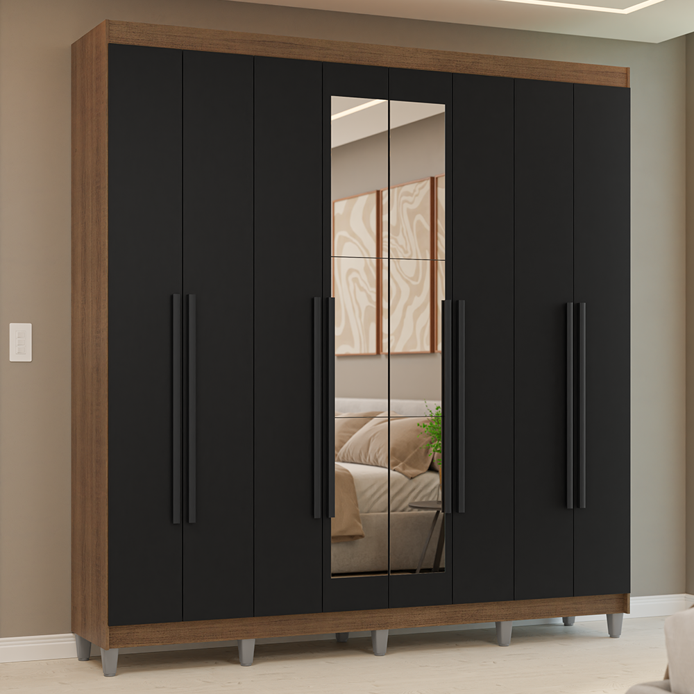 Guarda-Roupa Casal com Pés 8 Portas Batentes com Espelho Rustic/Preto/Preto Venus Madesa