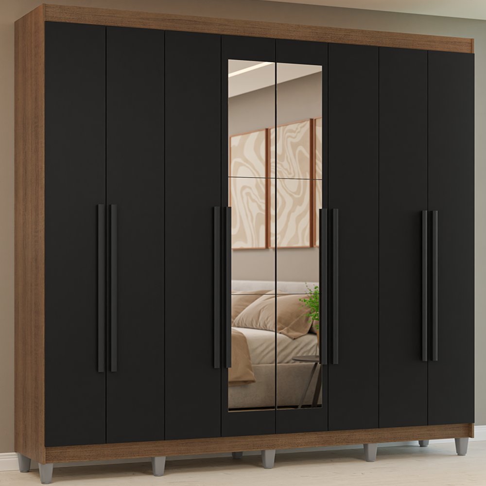 Guarda-Roupa Casal com Pés 8 Portas Batentes com Espelho Rustic/Preto/Preto Venus Madesa