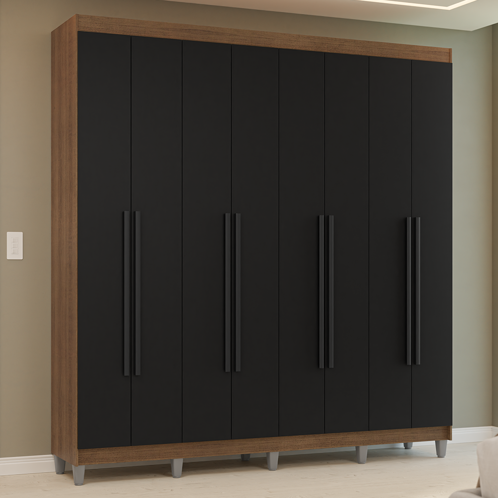 Guarda-Roupa Casal com Pés 8 Portas Batentes Rustic/Preto/Preto Venus Madesa