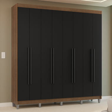Guarda-Roupa Casal com Pés 8 Portas Batentes Rustic/Preto/Preto Venus Madesa