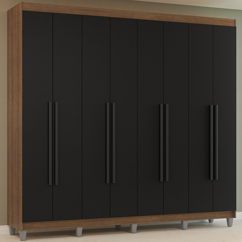 Guarda-Roupa Casal com Pés 8 Portas Batentes Rustic/Preto/Preto Venus Madesa