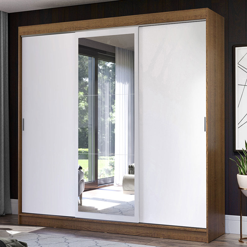 Guarda-Roupa Casal Madesa Istambul 3 Portas de Correr com Espelho 3 Gavetas Rustic/Branco