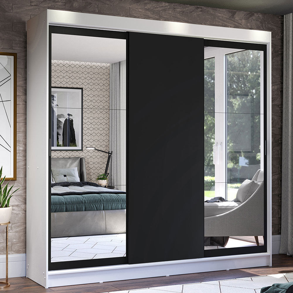 Guarda-Roupa Casal Madesa Istambul 3 Portas de Correr com Espelhos 3 Gavetas Branco/Preto