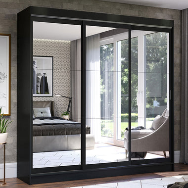 Guarda-Roupa Casal Madesa Istambul 3 Portas de Correr de Espelho 3 Gavetas Preto