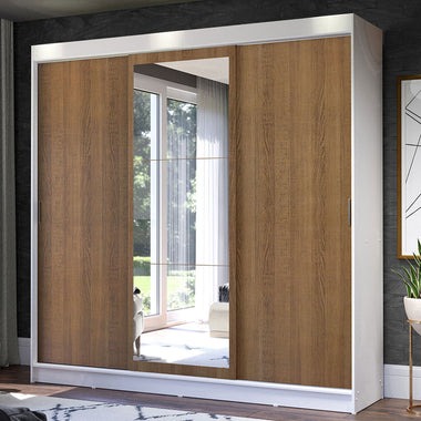 Guarda-Roupa Casal Madesa Istambul 3 Portas de Correr com Espelho 3 Gavetas Branco/Rustic