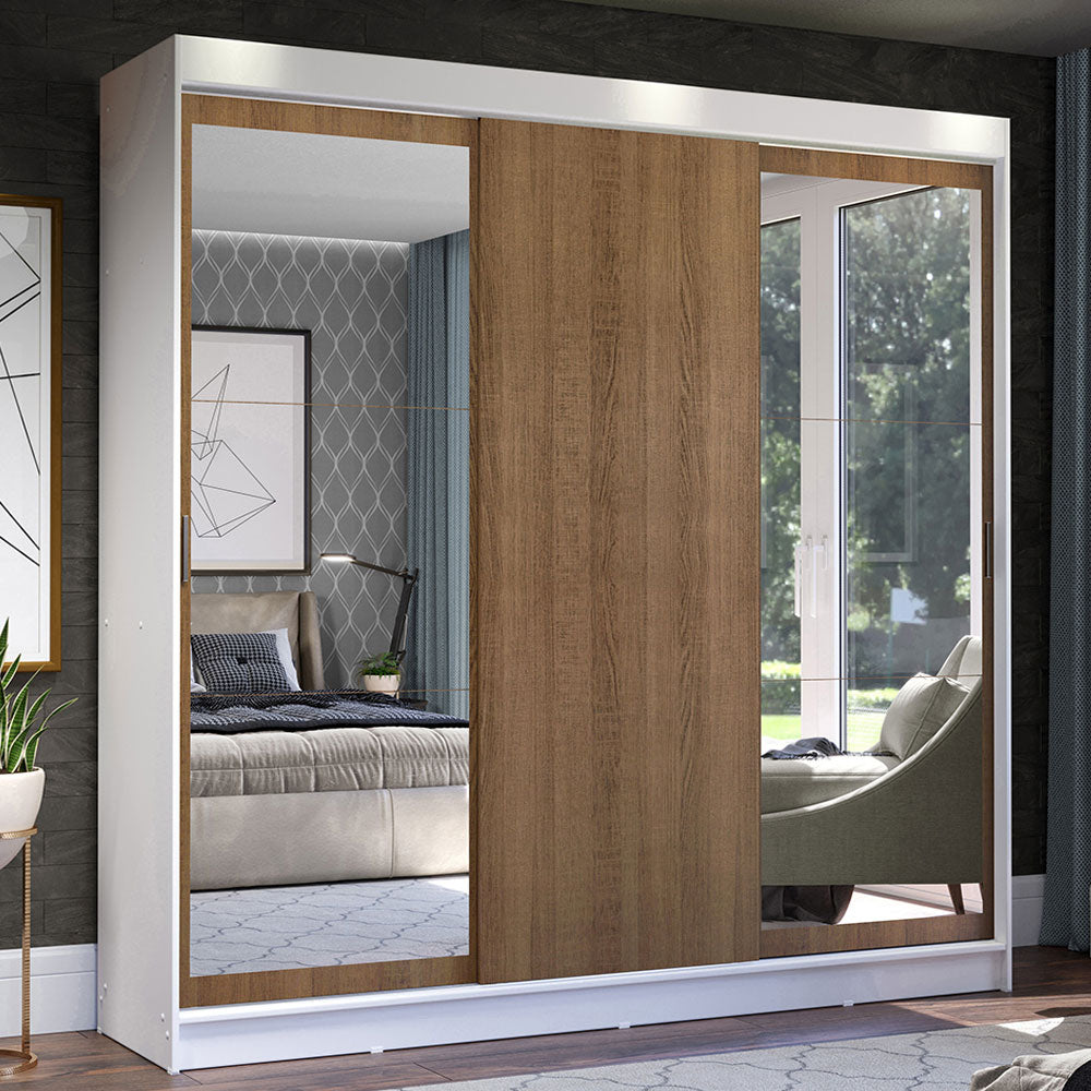 Guarda-Roupa Casal Madesa Istambul 3 Portas de Correr com Espelhos 3 Gavetas Branco/Rustic