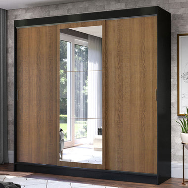 Guarda-Roupa Casal Madesa Istambul 3 Portas de Correr com Espelho 3 Gavetas Preto/Rustic