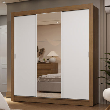Guarda-Roupa Casal 3 Portas de Correr com Espelho 2 Gavetas Rustic/Branco Sublime Madesa