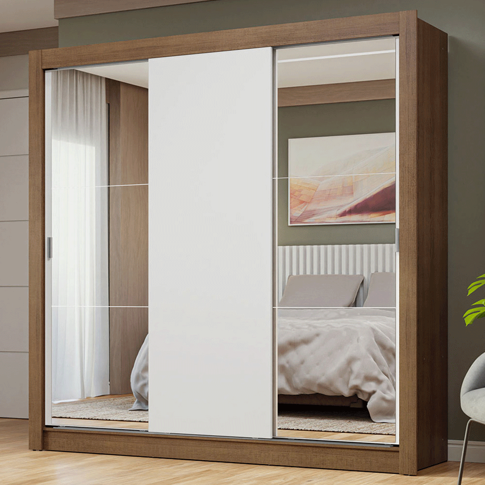 Guarda-Roupa Casal 3 Portas de Correr com Espelhos Rustic/Branco Nobre Madesa