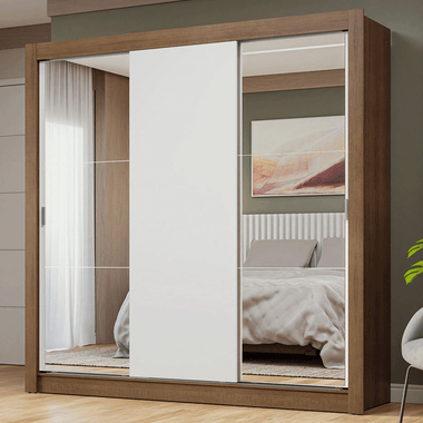 Guarda-Roupa Casal 3 Portas de Correr com Espelhos Rustic/Branco Nobre Madesa