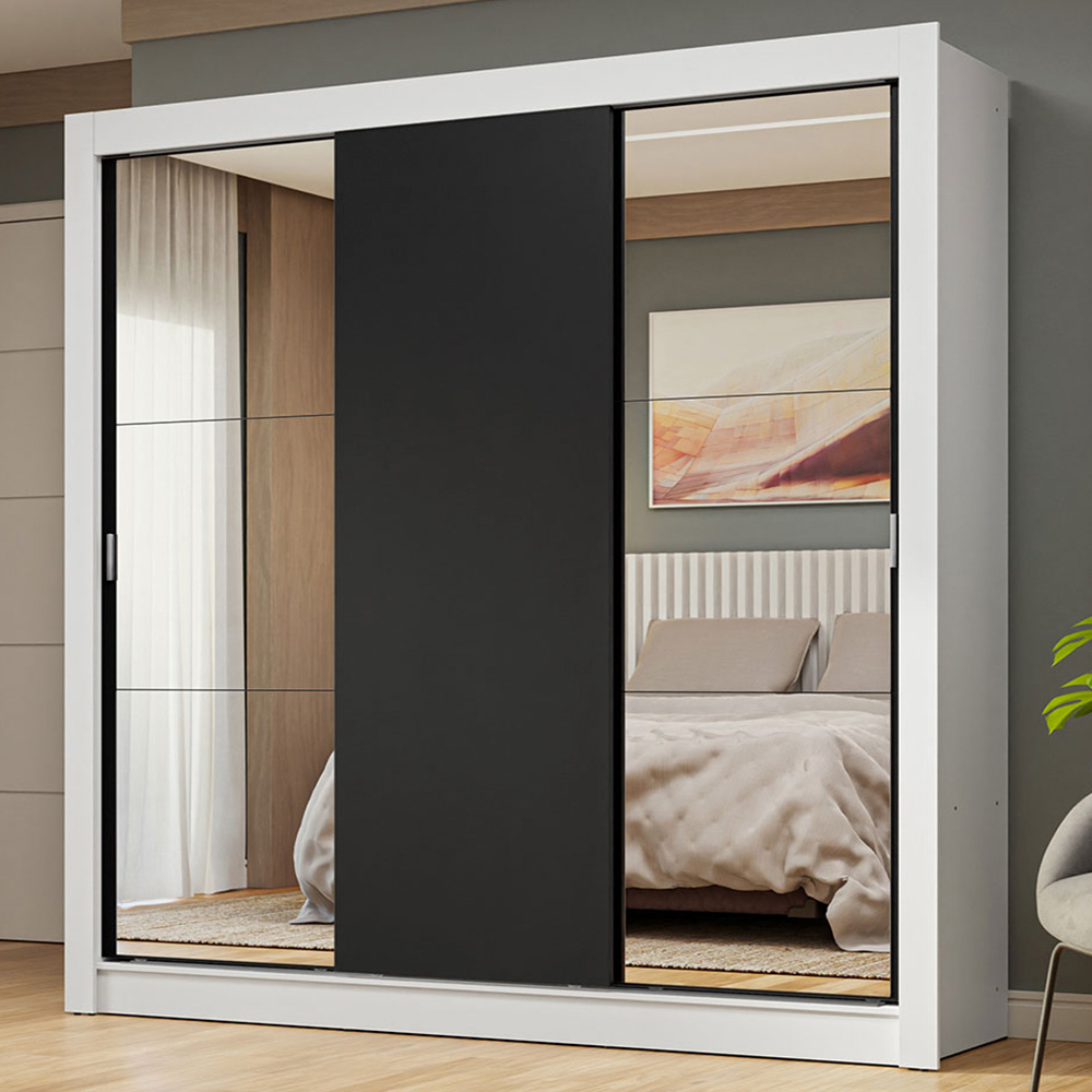 Guarda-Roupa Casal 3 Portas de Correr com Espelhos Branco/Preto Nobre Madesa