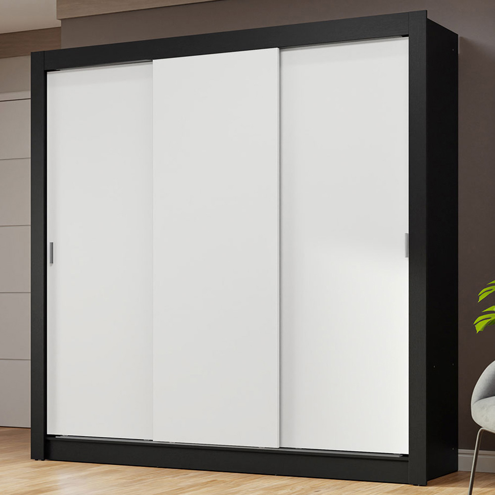 Guarda-Roupa Casal 3 Portas de Correr Preto/Branco Nobre Madesa