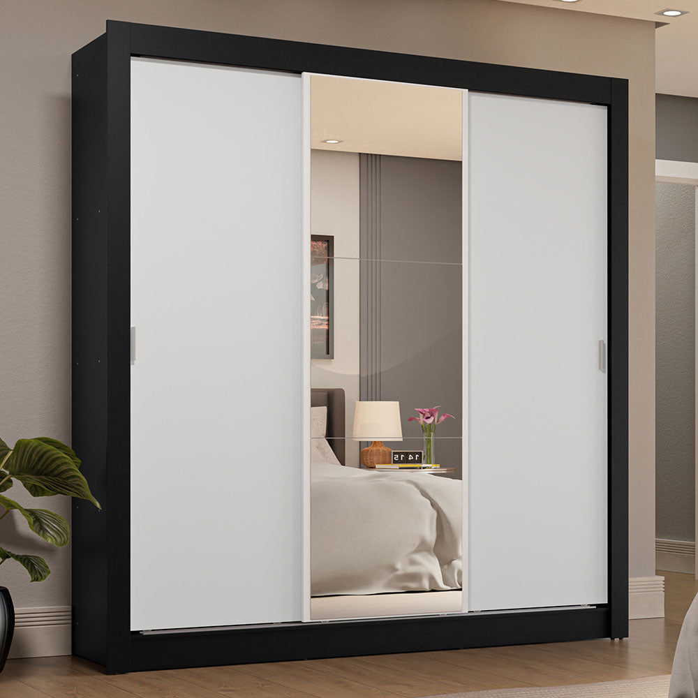 Guarda-Roupa Casal 3 Portas de Correr com Espelho 4 Gavetas Preto/Branco Sublime Plus Madesa
