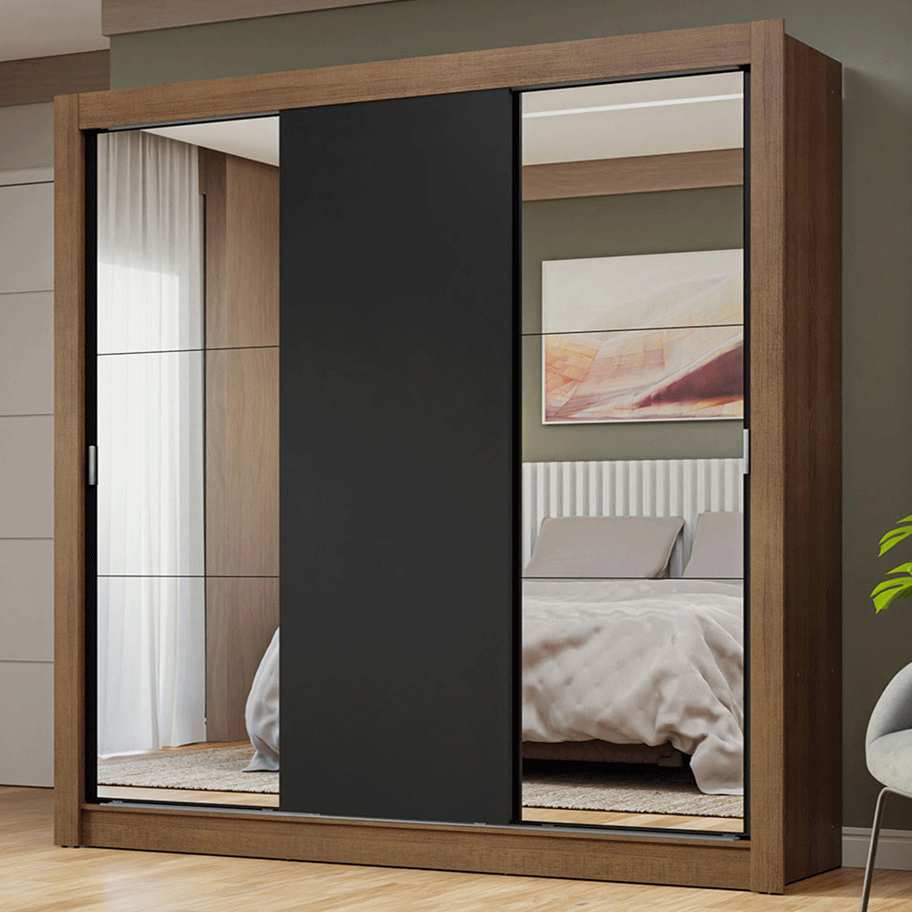 Guarda-Roupa Casal 3 Portas de Correr com Espelhos Rustic/Preto Nobre Madesa