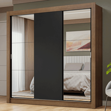 Guarda-Roupa Casal 3 Portas de Correr com Espelhos Rustic/Preto Nobre Madesa