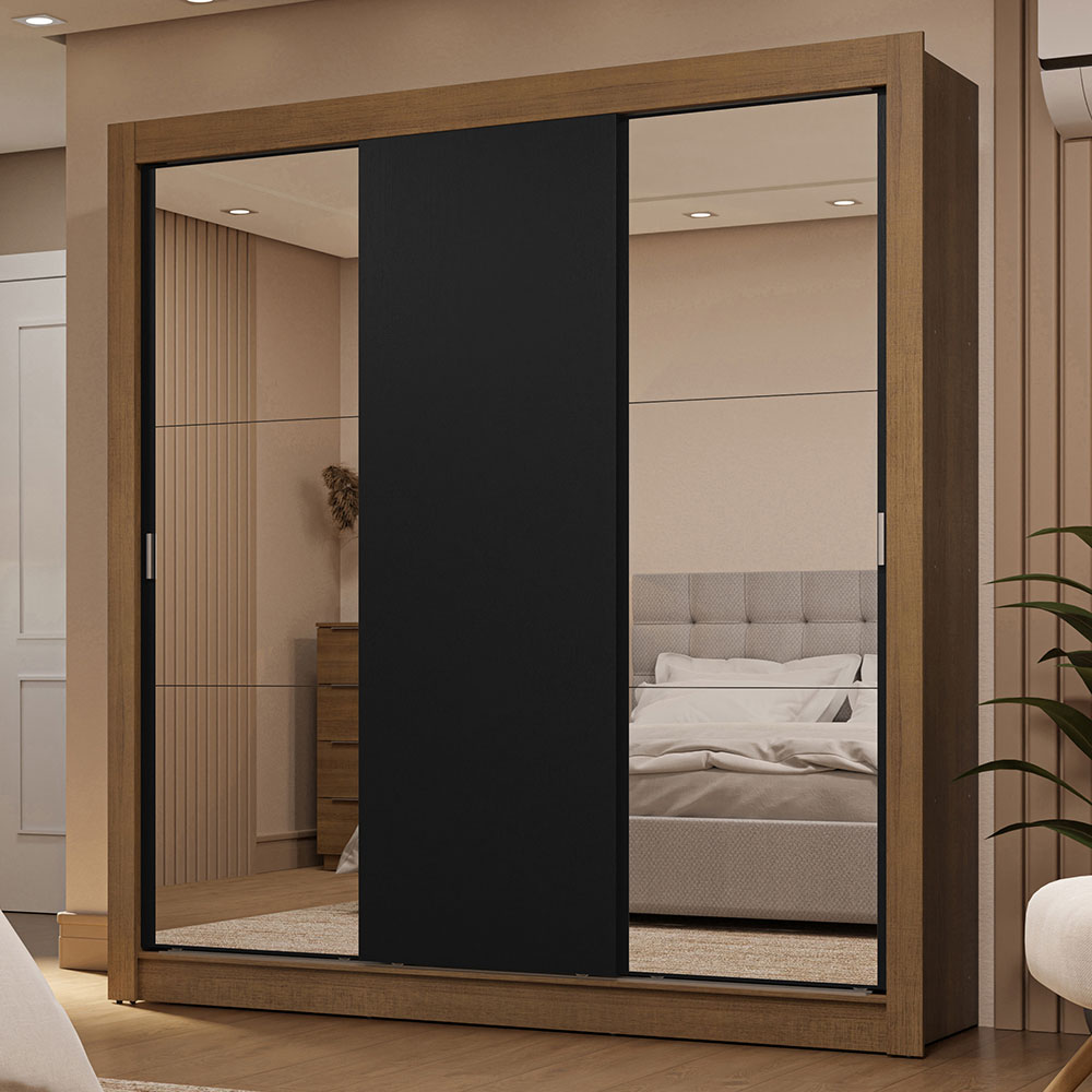 Guarda-Roupa Casal 3 Portas de Correr com Espelhos 2 Gavetas Rustic/Preto Sublime Madesa