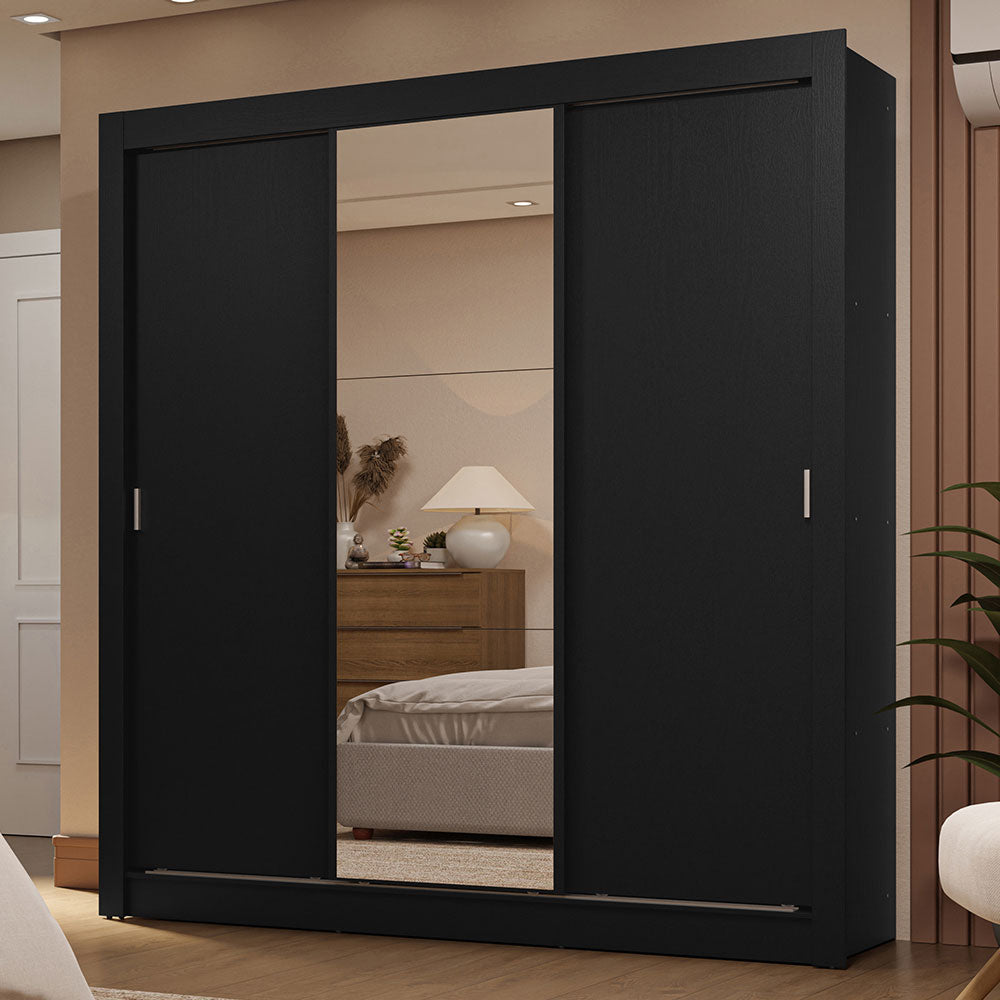 Guarda-Roupa Casal 3 Portas de Correr com Espelho 2 Gavetas Preto Sublime Madesa